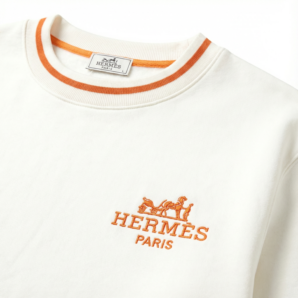 Hermès White Crewneck Sweatshirt – Orange Trim