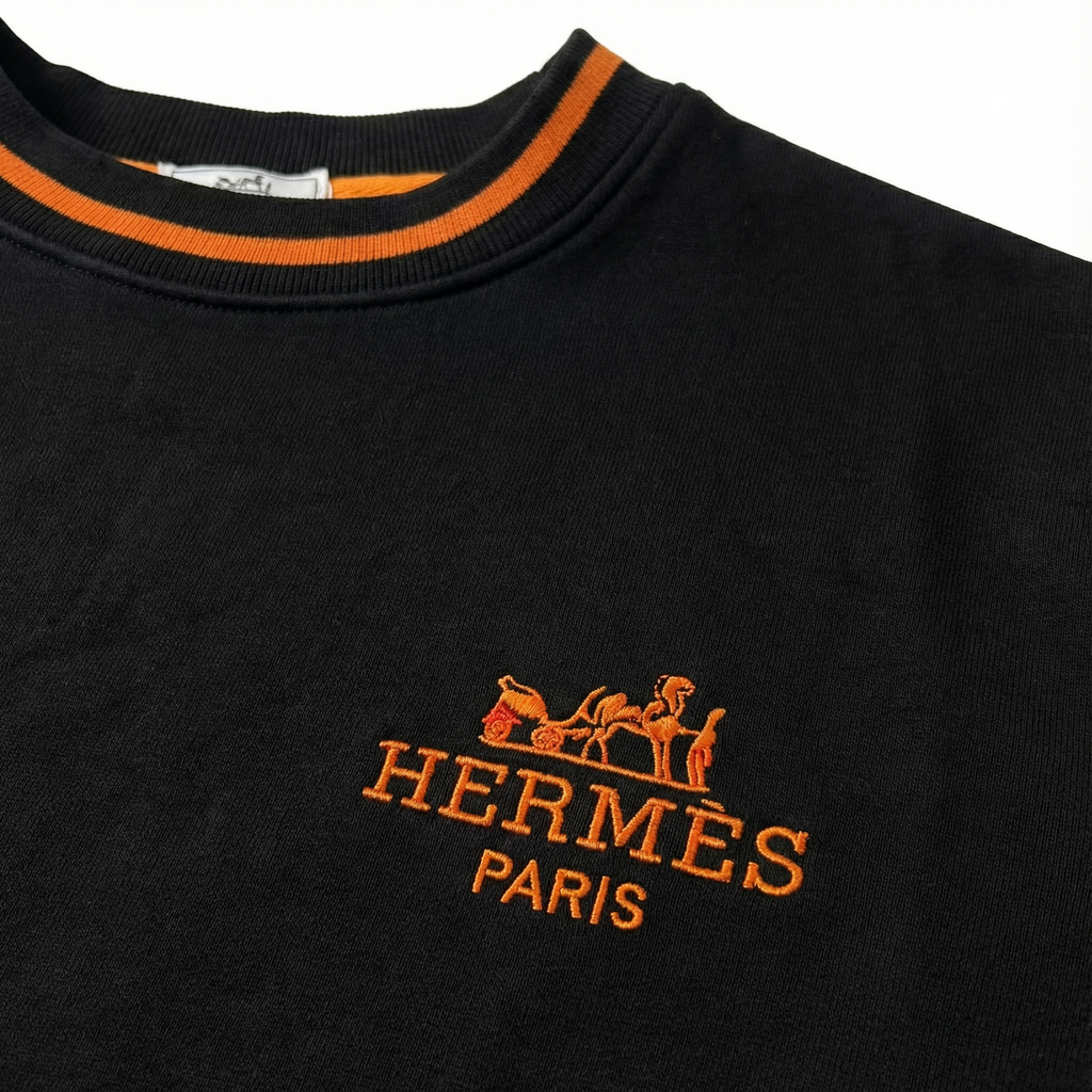 Hermès Black Crewneck Sweatshirt – Orange Trim