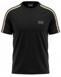 Black t-shirt with beige stripes on sleeves and EA7 logo on chest against a white background