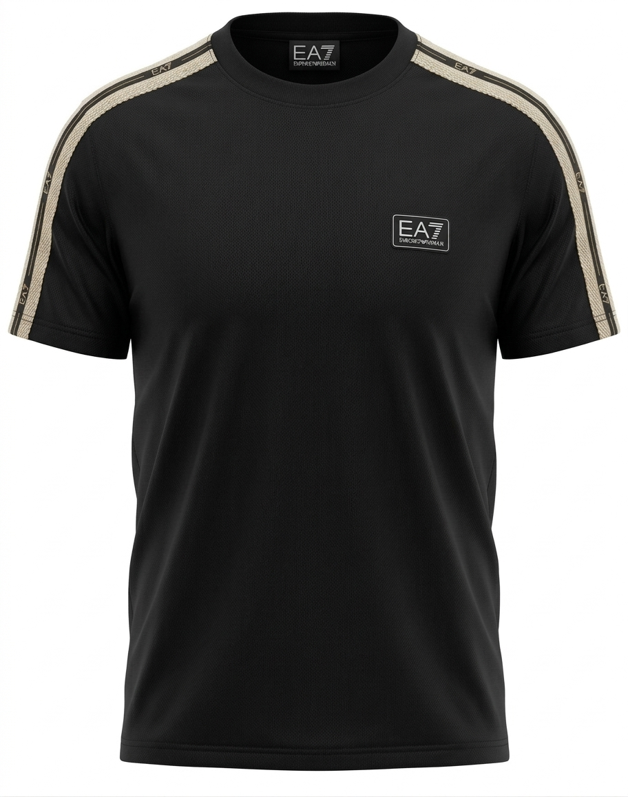 Black t-shirt with beige stripes on sleeves and EA7 logo on chest against a white background